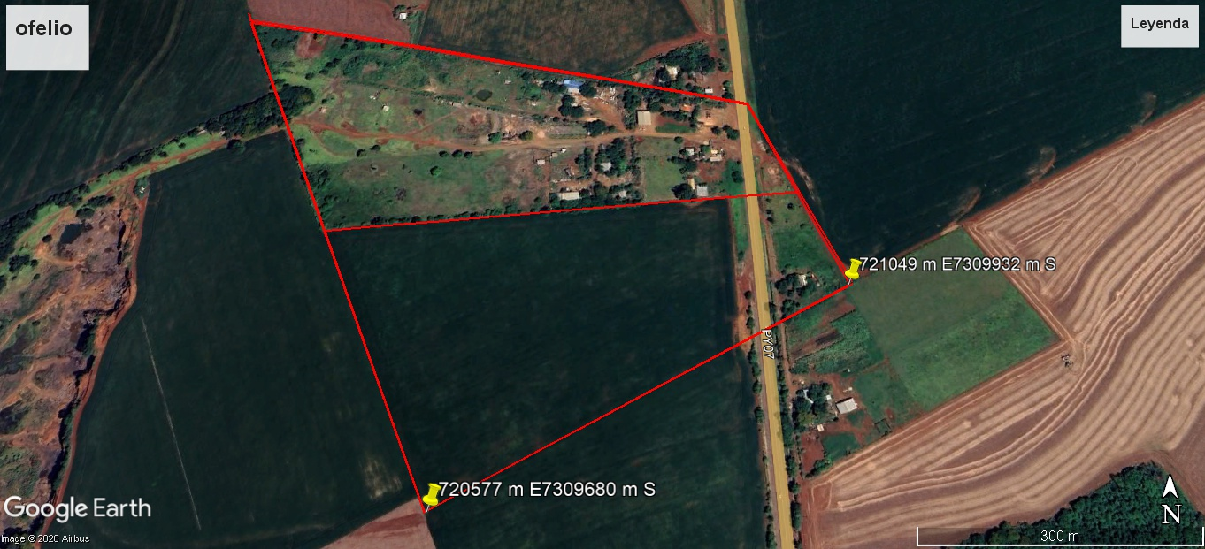 Captura de Google Earth con un polígono ilustrativo en rojo junto a una vía identificada como PY07